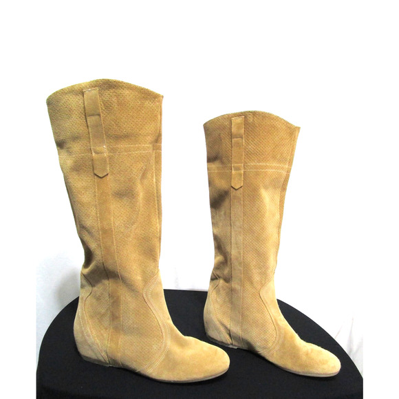 Sundance Tan Brown Perforated Suede Knee High Pull On Boots Women 8 US/39 EU - Picture 4 of 12